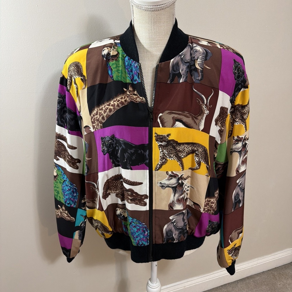 Vtg 80's Jerri Sherman Wild Animal Print 100% Silk Bomber Jacket Sz 14